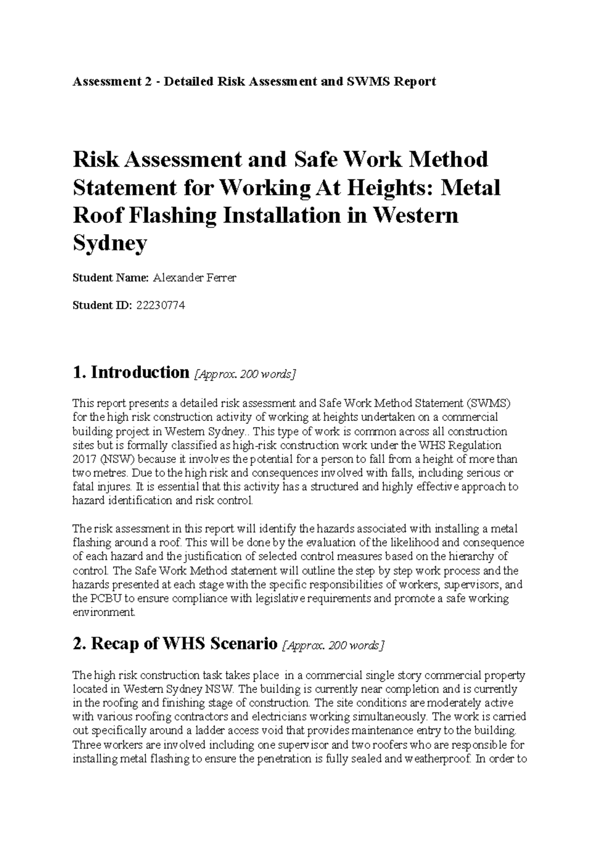 Assessment 2: Risk Assessment & SWMS for Metal Roof Flashing ...