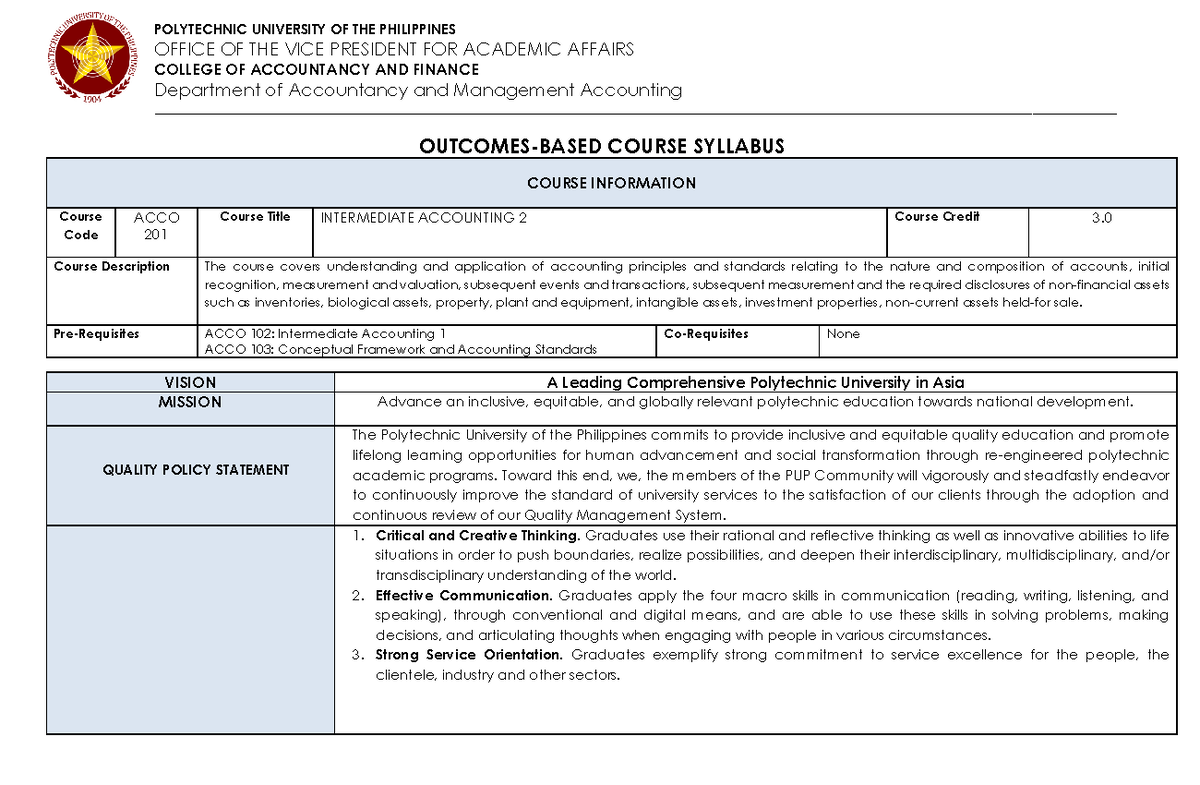 Syllabus for ACCO 201: Intermediate Accounting 2 Overview - Studocu