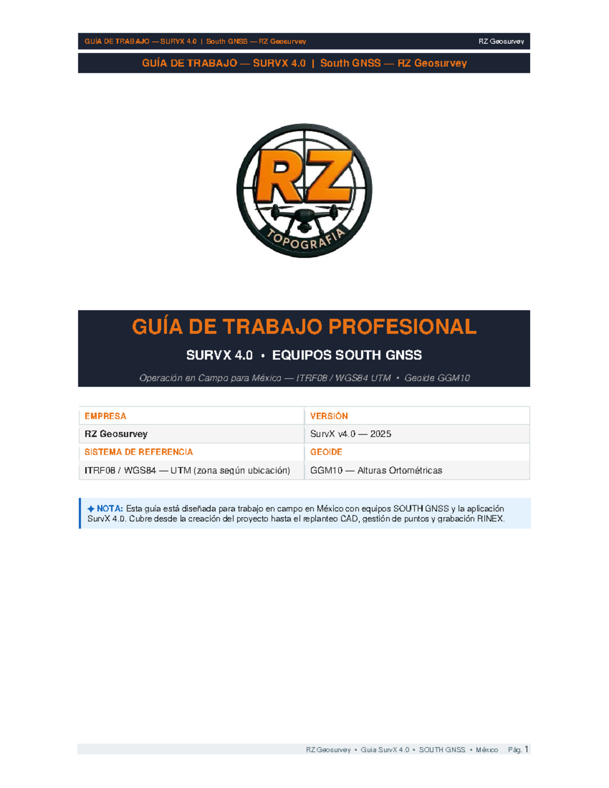 Guía de Trabajo SurvX 4.0 SOUTH GNSS para México - RZ Geosurvey 2025 - Document Preview