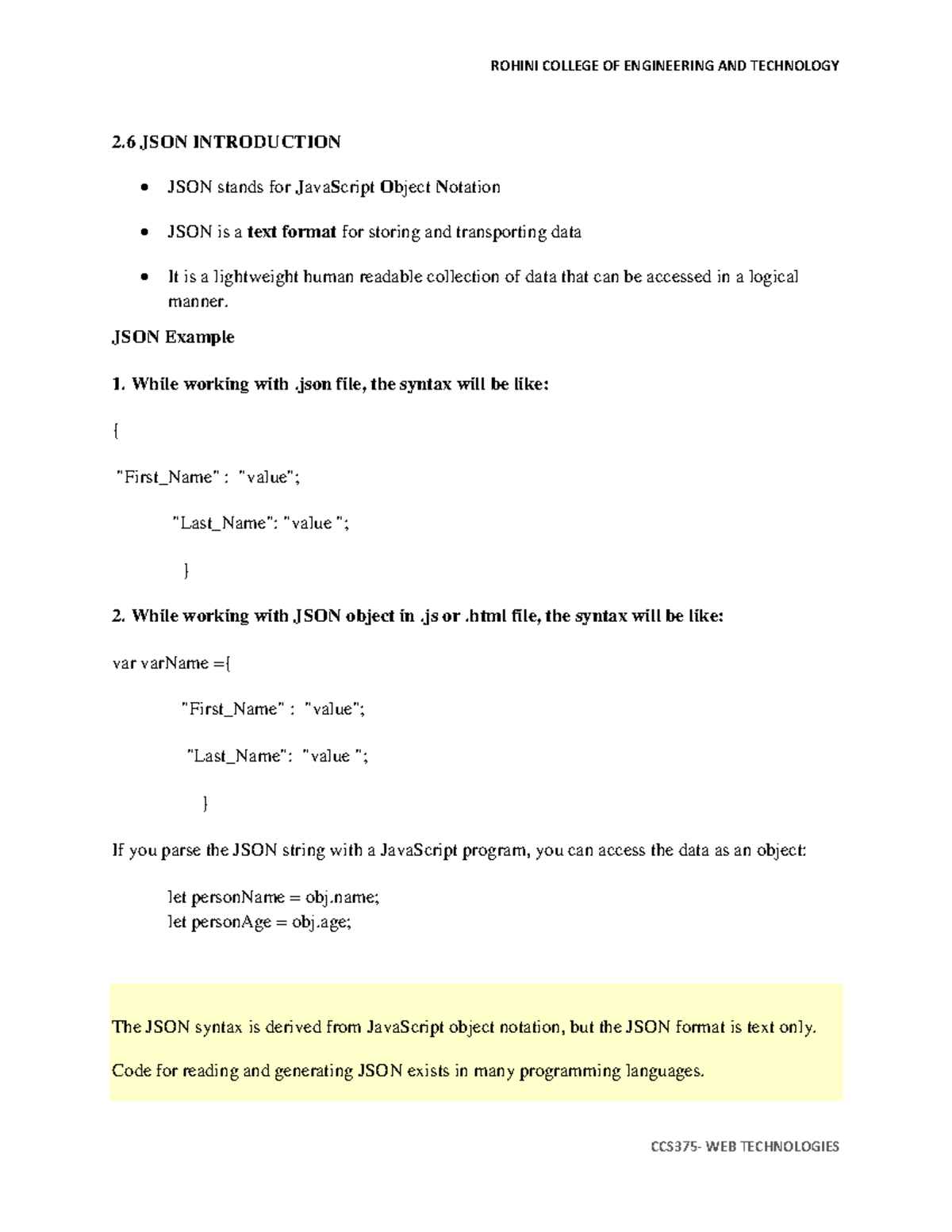 WEB TECHNOLOGIES: JSON Introduction and Usage Guide - Studocu