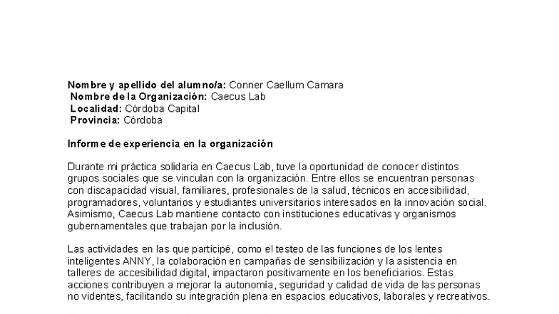 Informe de Práctica Solidaria en Caecus Lab - Córdoba - Studocu