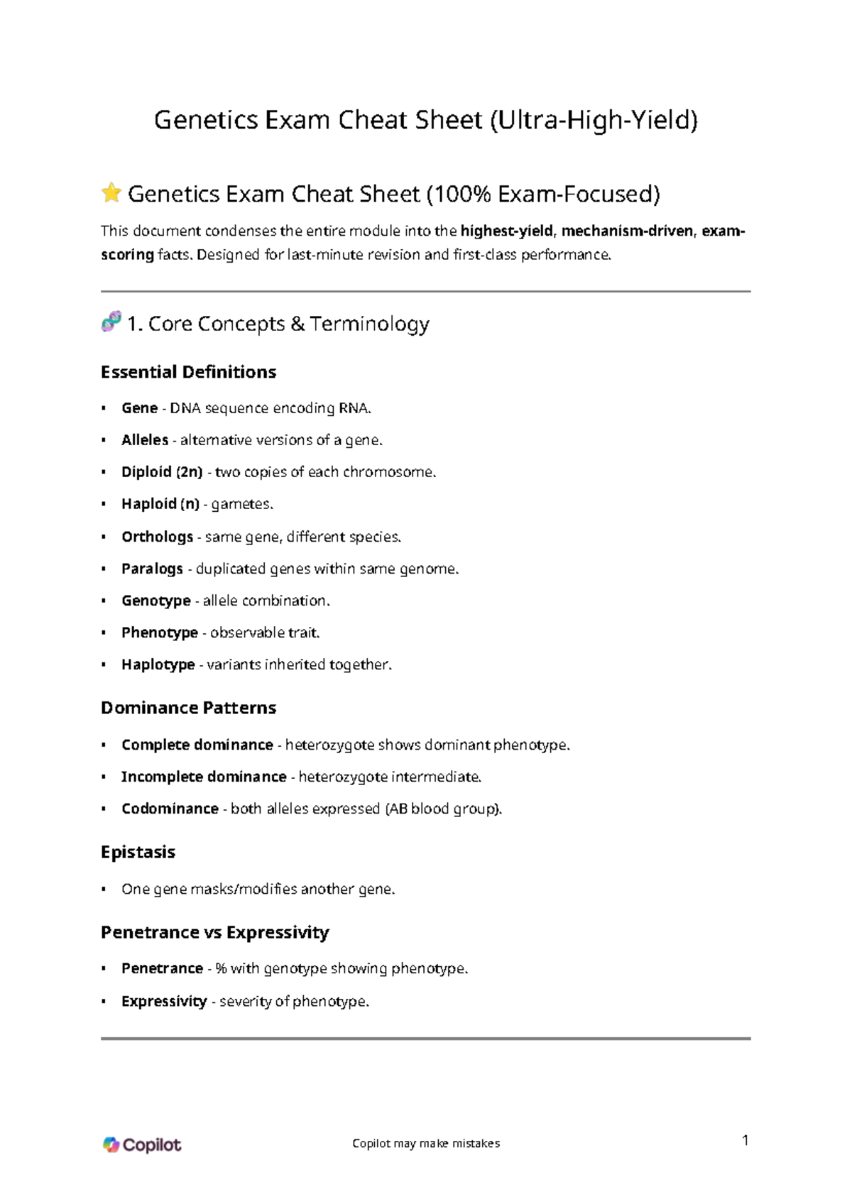 Genetics Exam Cheat Sheet (Ultra-High-Yield) - Studocu