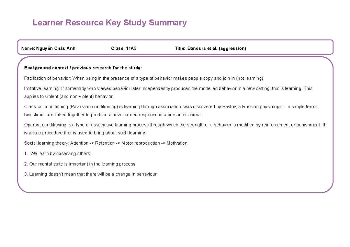 Key Study Summary 7: Bandura et al. on Aggression (Class 11A3) - Studocu