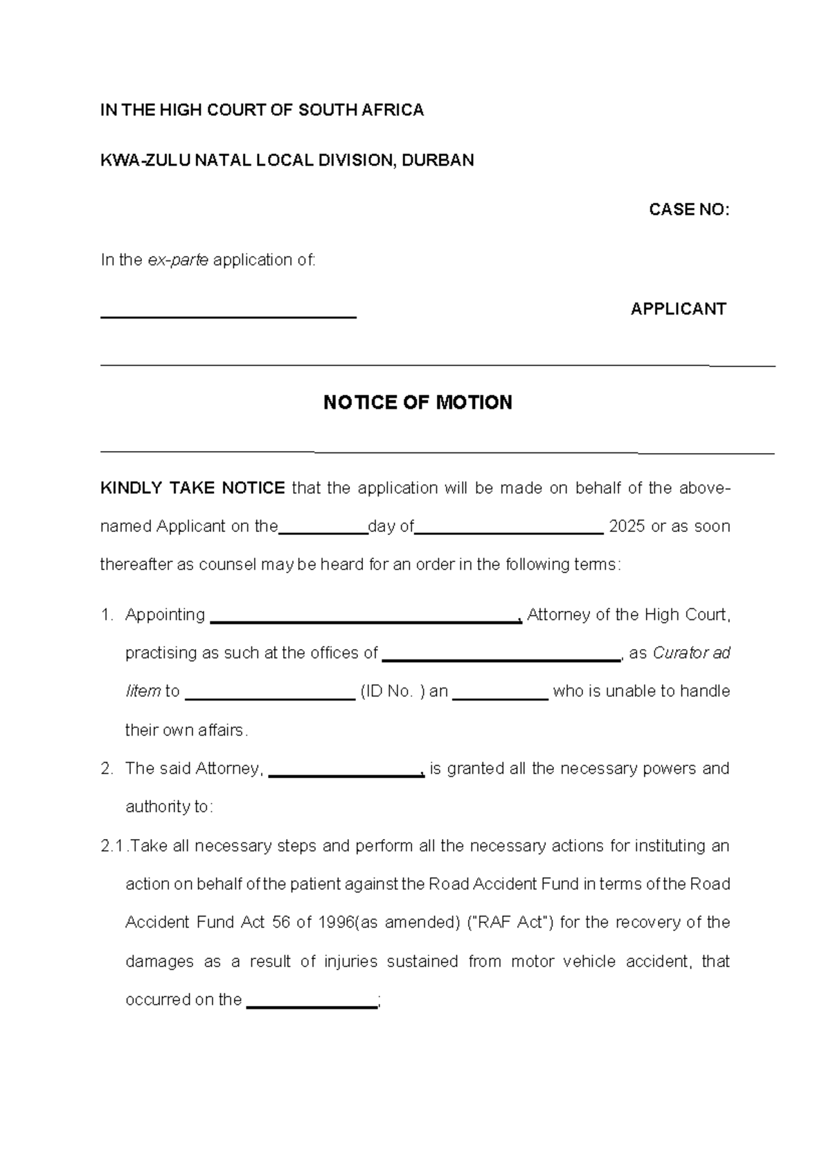 Curatorship Application - High Court of South Africa Case No: 2025 ...