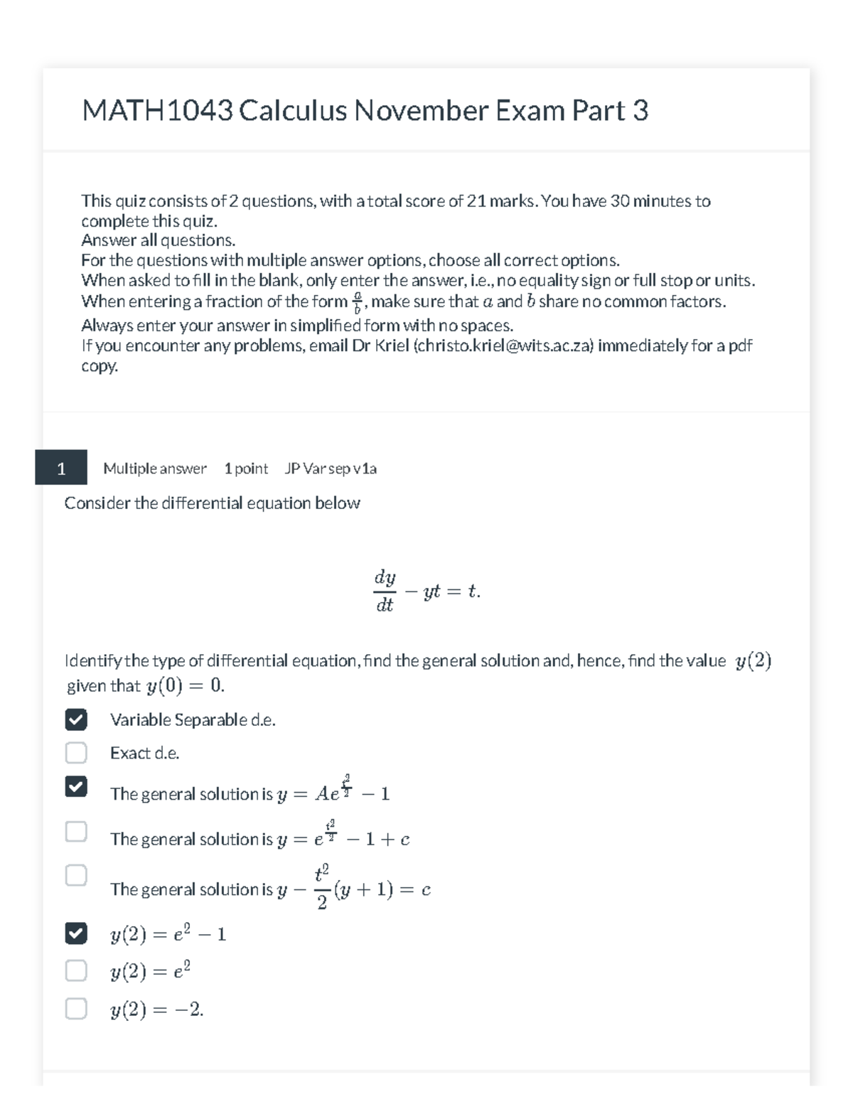 MATH1043 Calculus November 2021 Exam Part 3 938429183 - MATH1043 ...