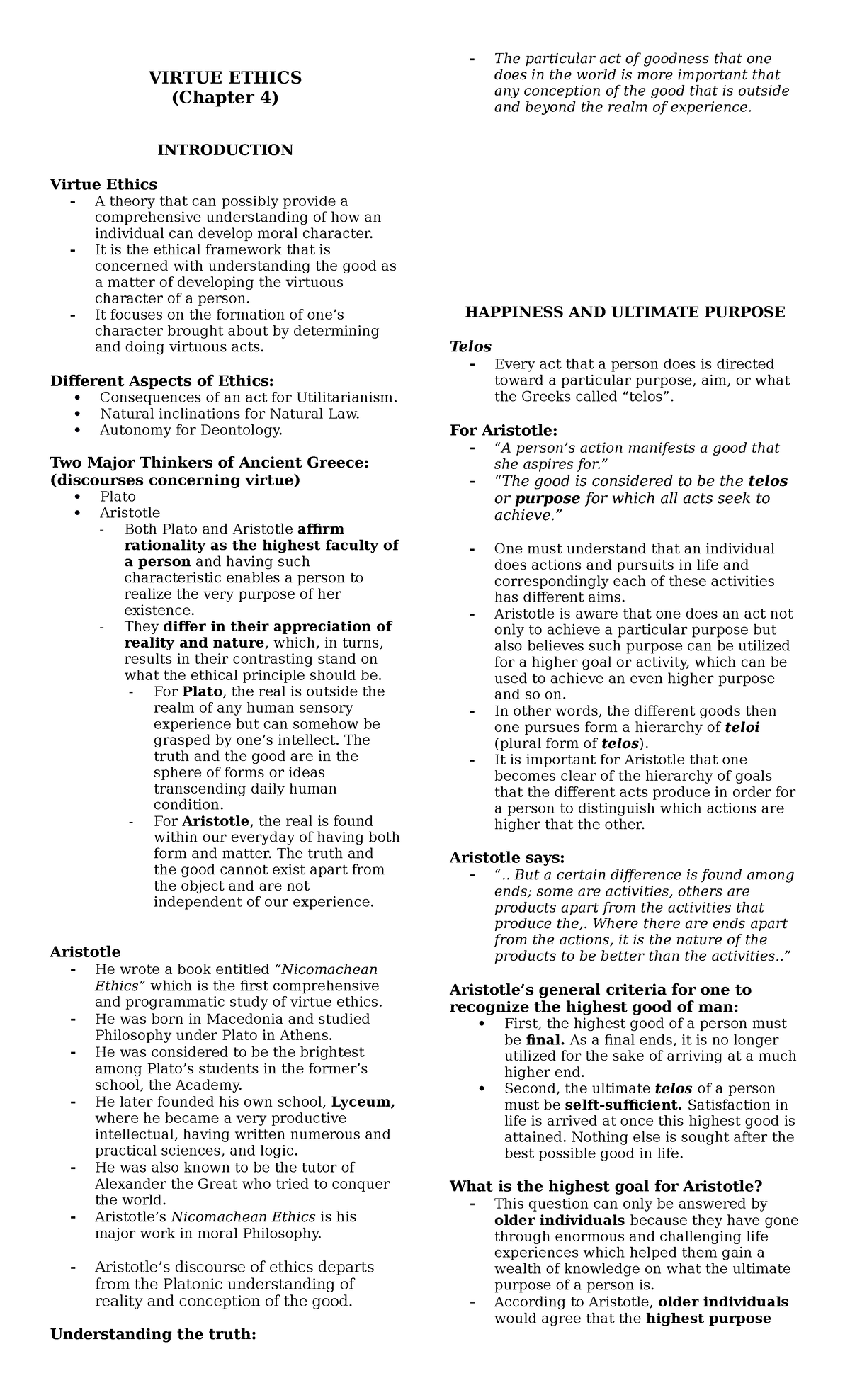 Ethics - Virtue Ethics and Natural Law Study Notes (Finals) - Studocu