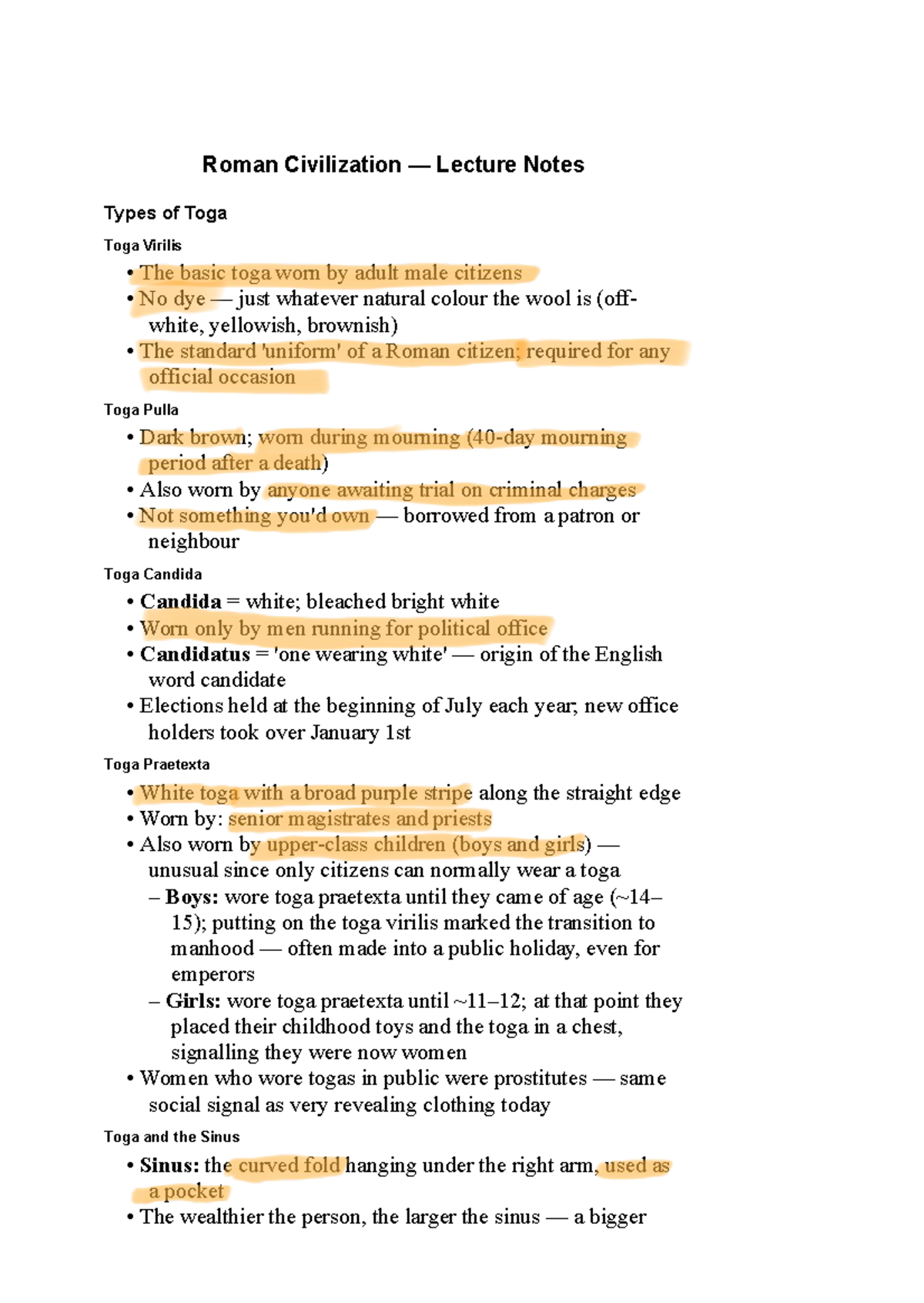 Roman Civilization — Lecture Notes on Togas and Clothing - Studocu