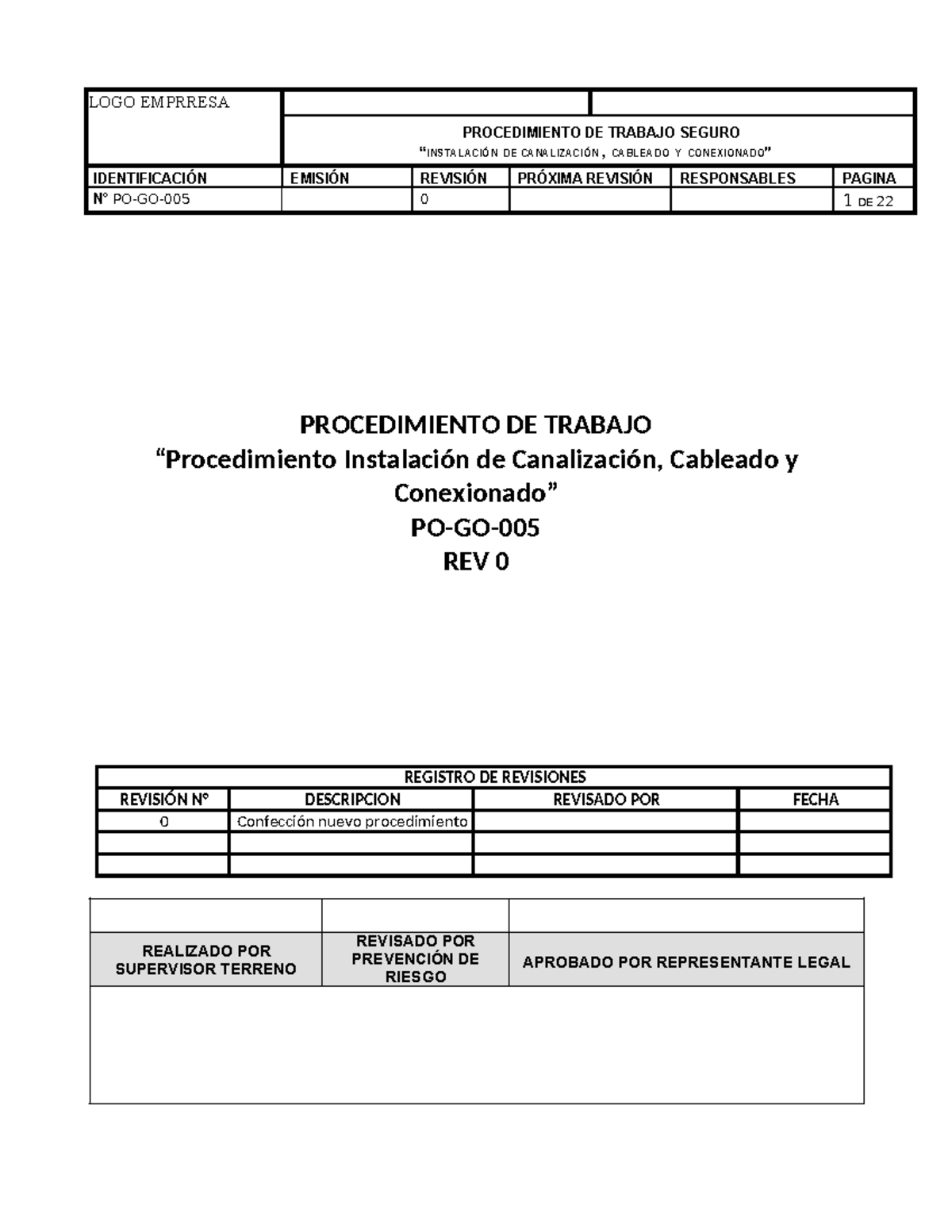 Procedimiento de Trabajo Seguro: Instalación de Canalización y Cableado - REV 0 - Document Preview