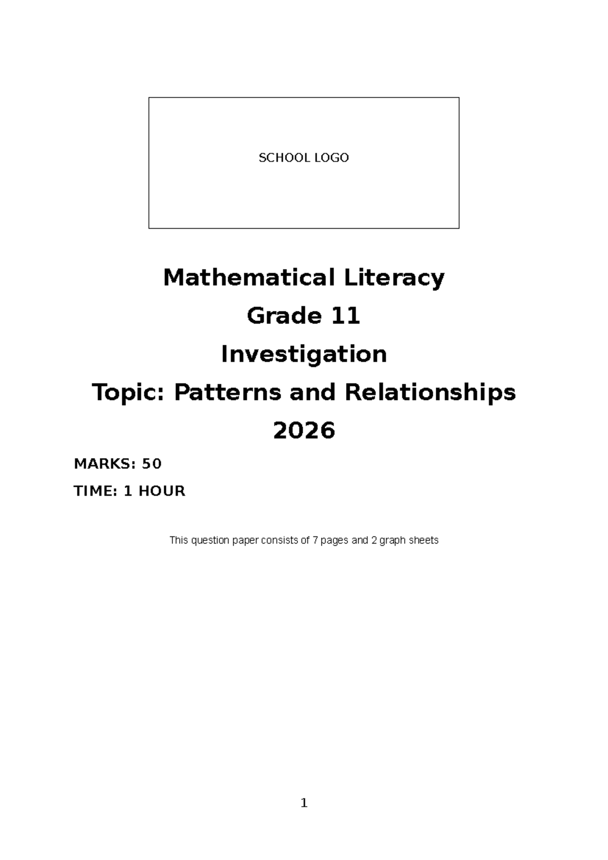 Mathematical Literacy Grade 11 Term 1 Investigation: Patterns ...