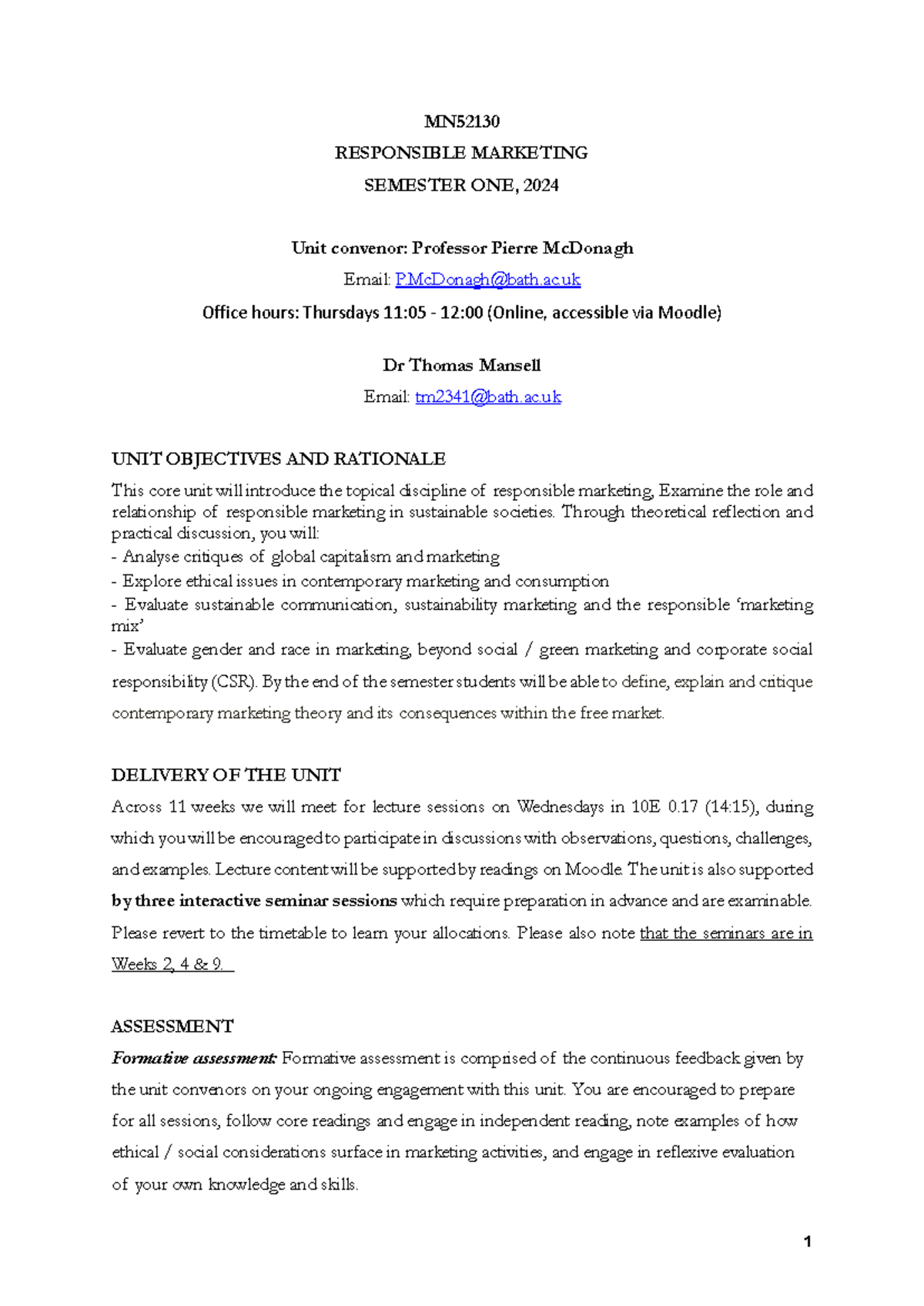 MN52130 Responsible Marketing Unit Outline 2024-25 - Studocu