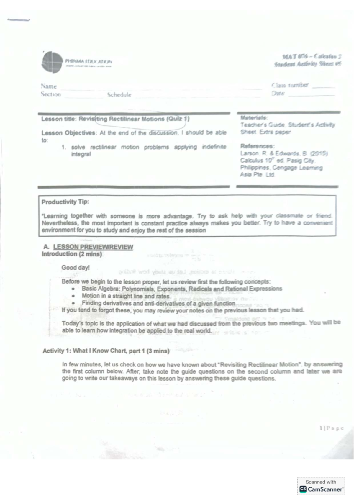MAT 076 Calculus 2: Rectilinear Motions Quiz 1 Study Guide - Studocu