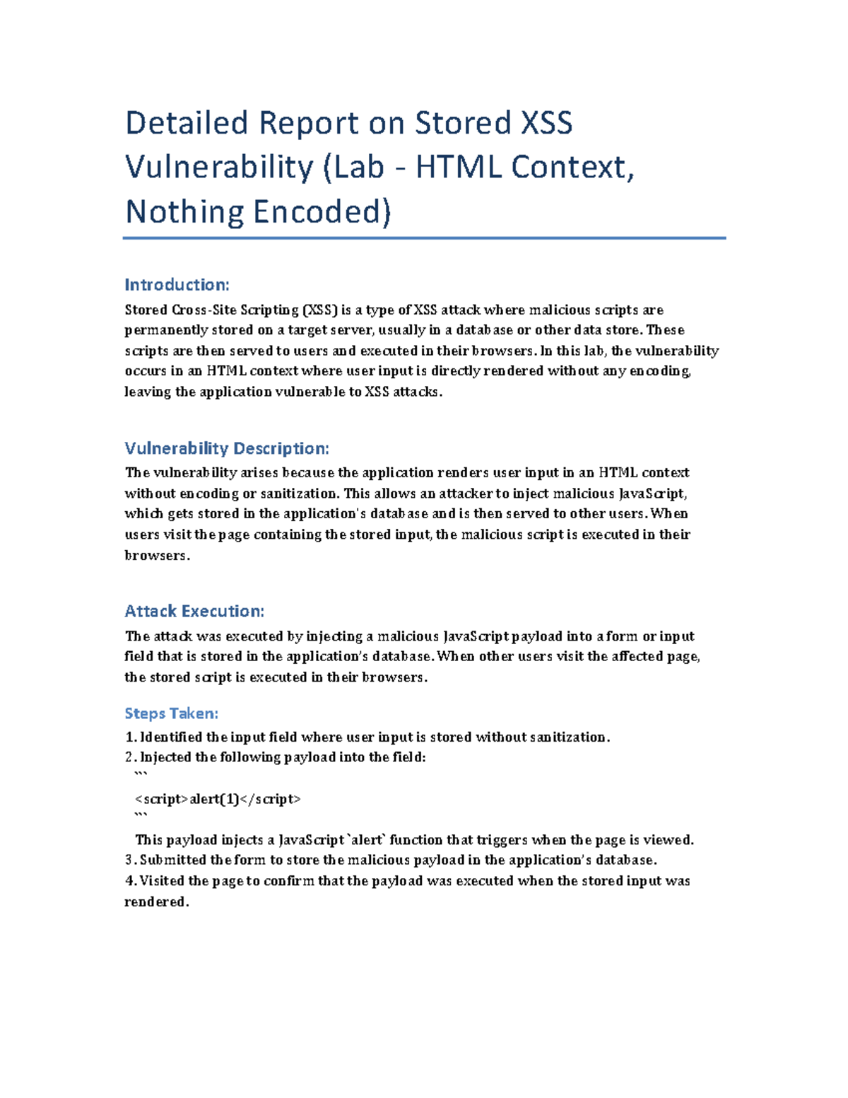 Stored XSS Vulnerability Lab Report - HTML Context Analysis - Studocu