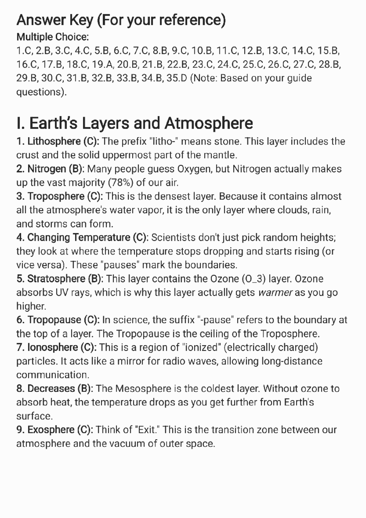 Science 7 Reviewer: Answer Key for Layers & Atmosphere Concepts - Studocu