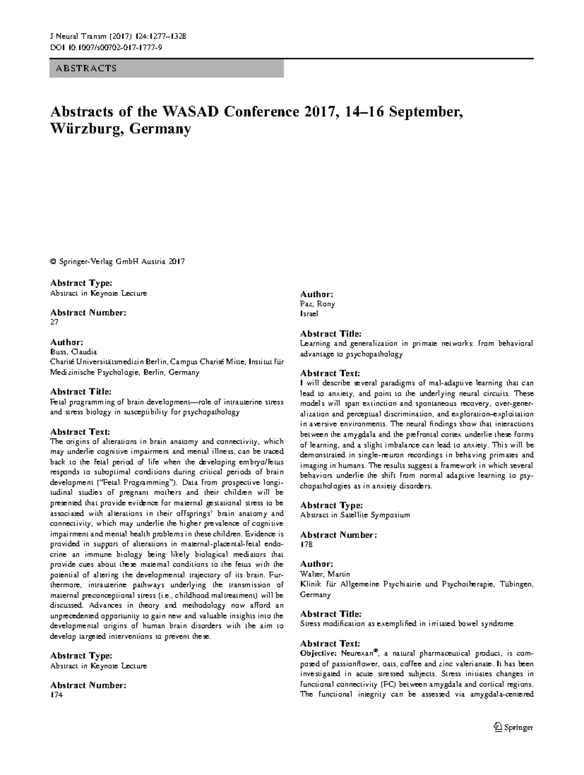 Abstracts from the WASAD Conference 2017: Insights on Stress and ...
