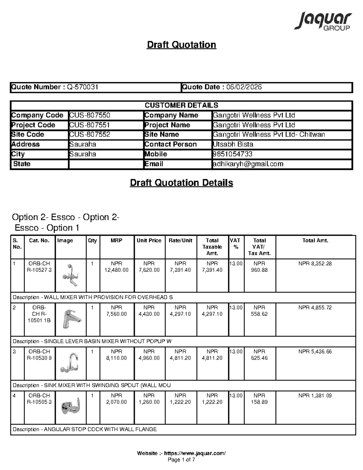 Draft Quotation for Gangotri Wellness Pvt Ltd - Quote No. [Insert Quote ...