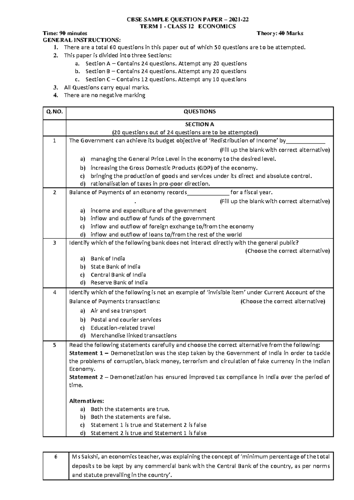 CBSE CLASS 12 ECONOMICS TERM 1 SAMPLE QUESTION PAPER - Studocu