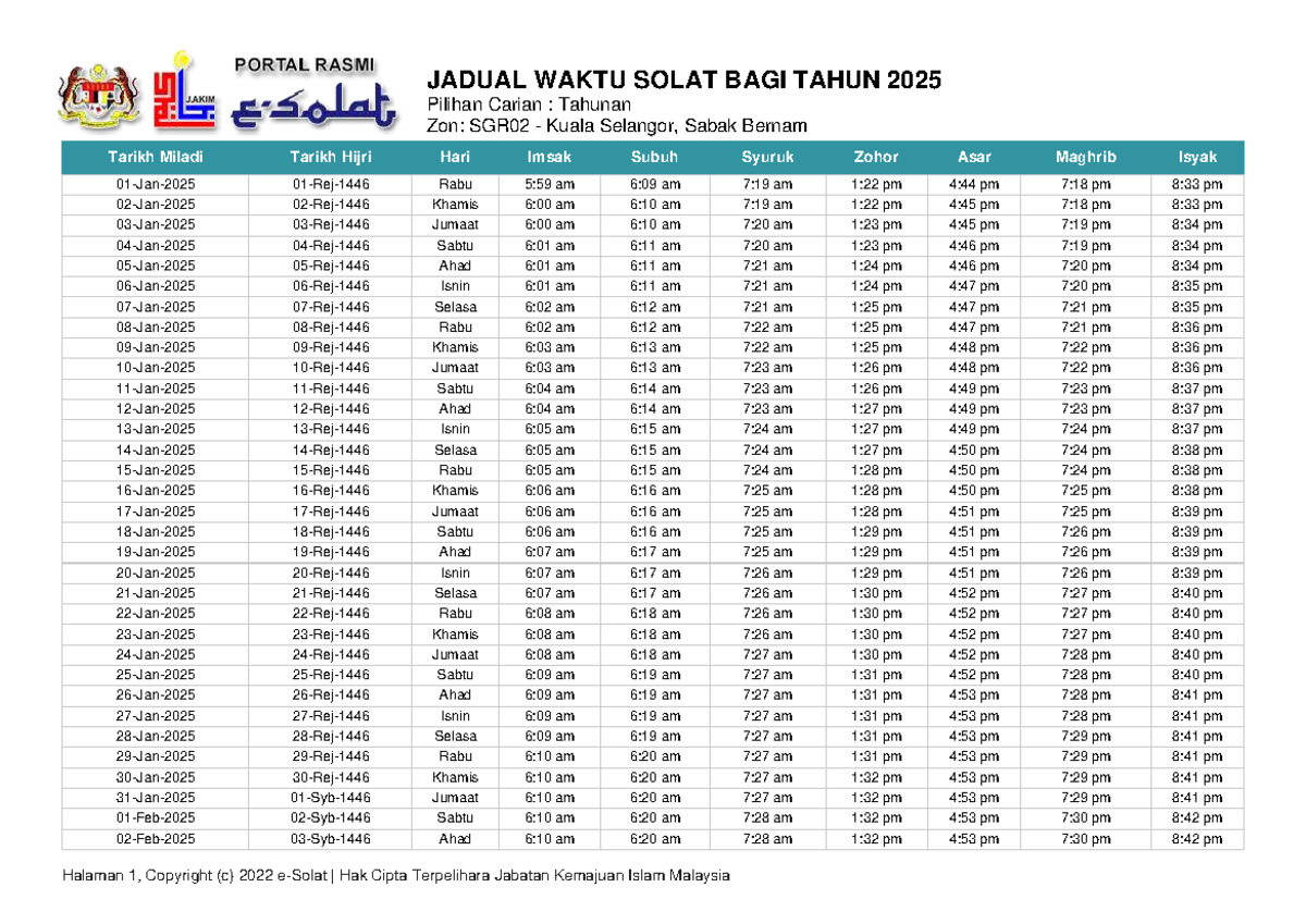 JADUAL WAKTU SOLAT 2025: Kuala Selangor & Sabak Bernam - Studocu