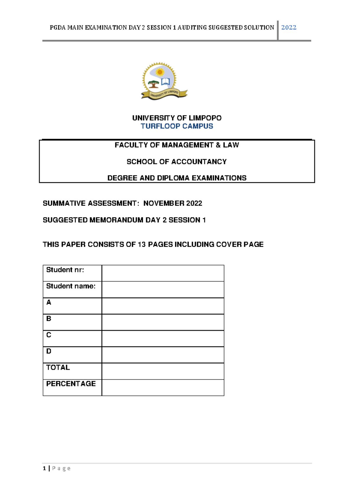 PGDA 2022 Main Exam Day 2 Session 1 Auditing Suggested Solutions - Studocu