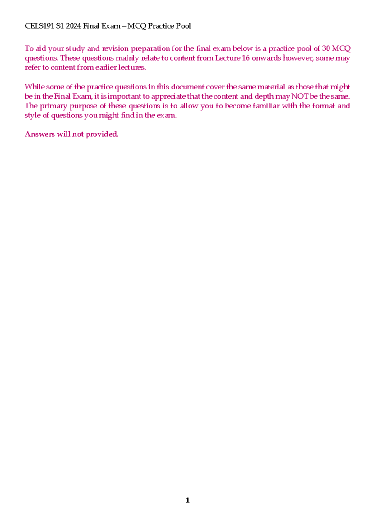 CELS191 Exam MCQPractice Pool-2 - To aid your study and revision ...