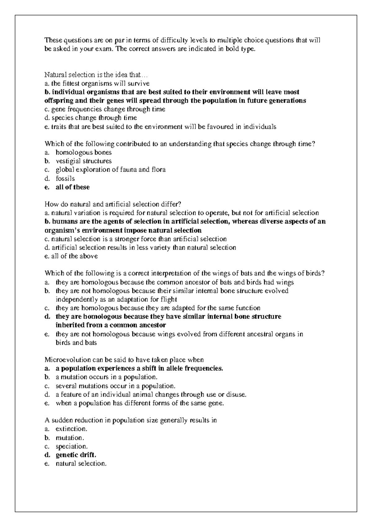 Evolution Exam Questions: Natural Selection & Speciation (BIO 101 ...