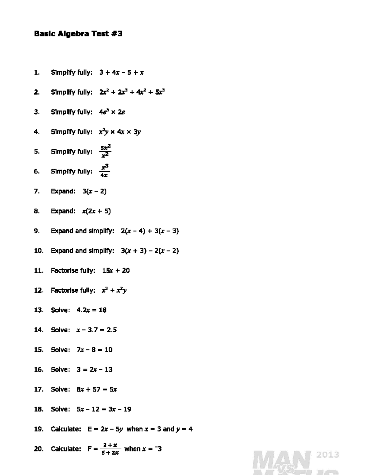 Mathsy 9w1 - Worksheet for algebra year 9 maths - Basic Algebra Test 1 ...