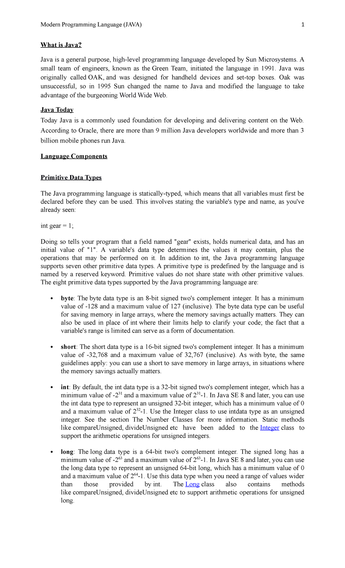 1 Notes on (Language Components) - What is Java? Java is a general ...