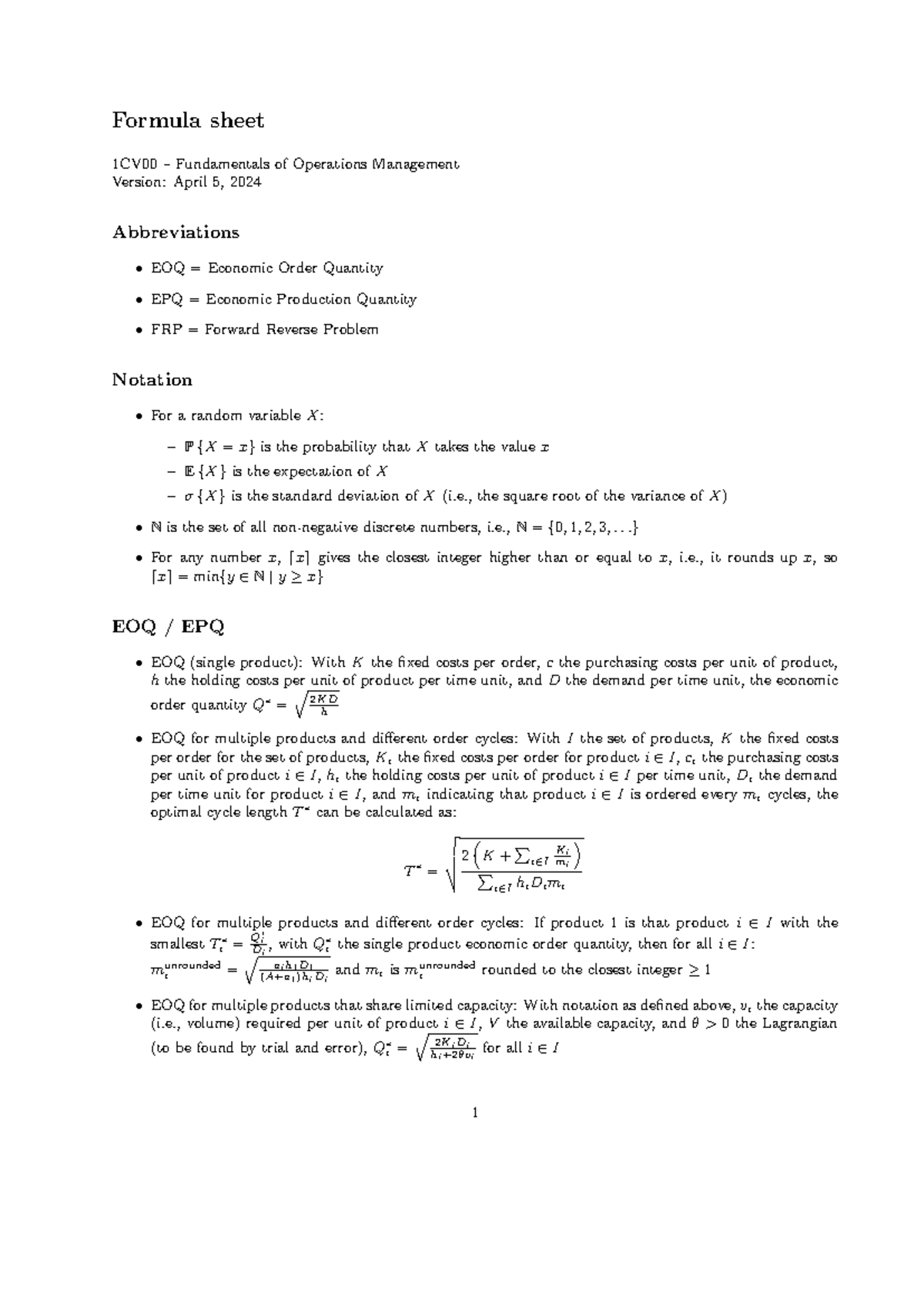 1CV00 Operations Management Formula Sheet (Version: April 2024 ...