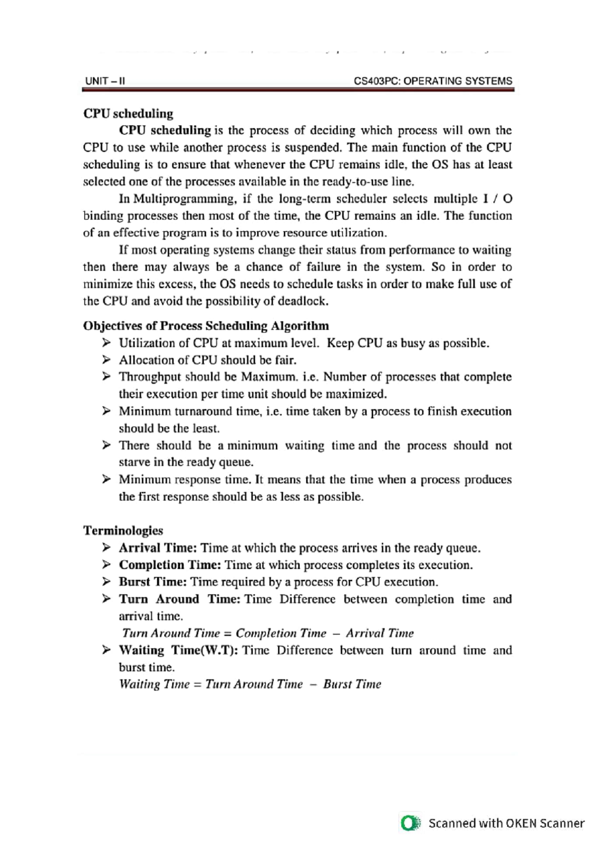 OS-Unit II CS403PC: CPU Scheduling Concepts and Algorithms - Studocu