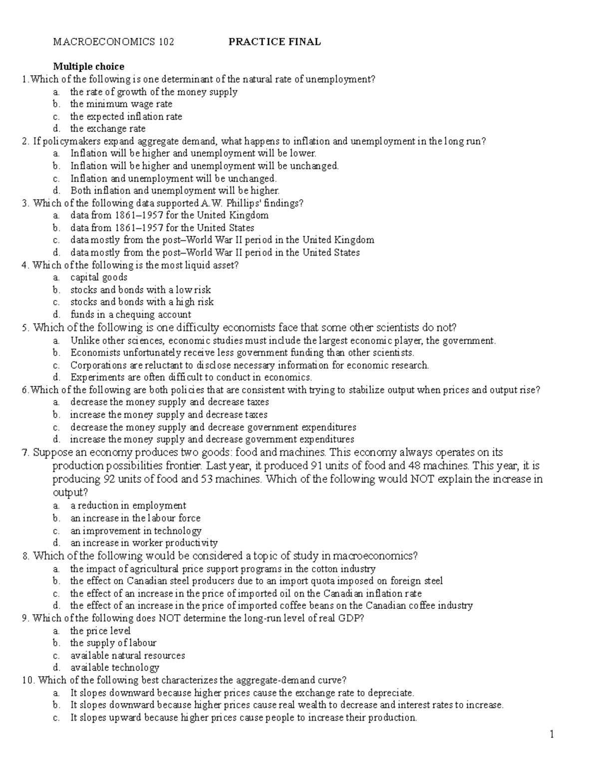 Econ 102 practice final - MACROECONOMICS 102 PRACTICE FINAL Multiple ...