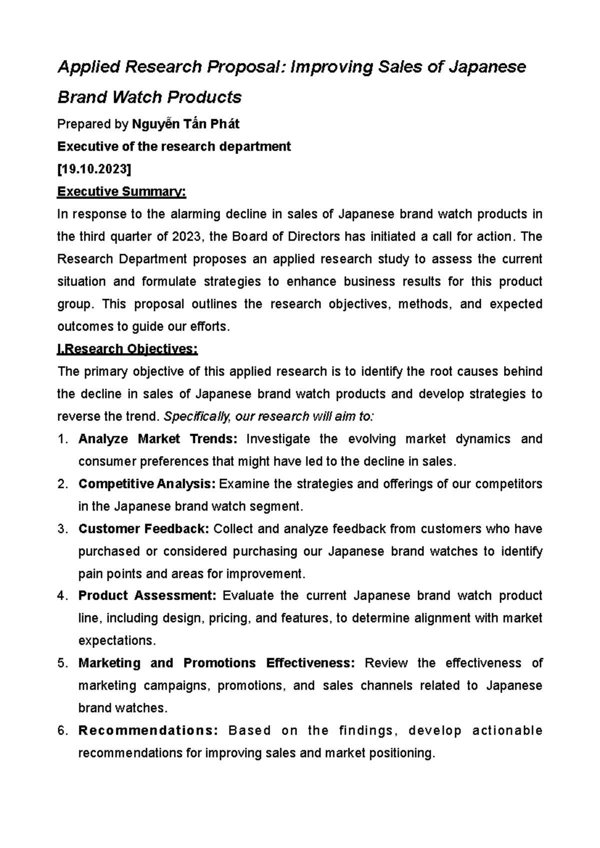 Applied Research Proposal: Enhancing Sales of Japanese Watches - Studocu