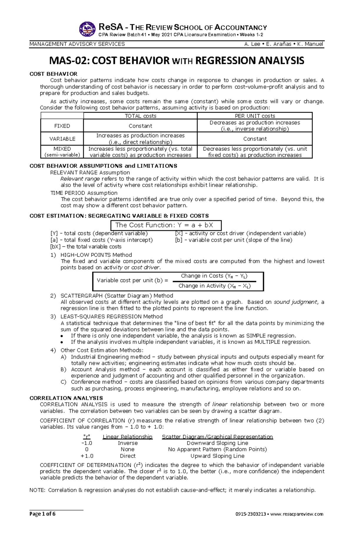 MAS 02 Cost Behavior & Regression Analysis - CPA Review Notes - Studocu