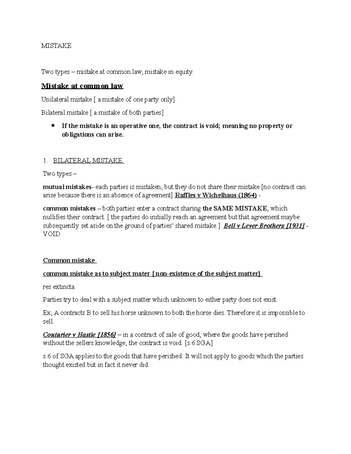 Mistake Notes - CONTRACT LAW Overview and Key Cases - Studocu