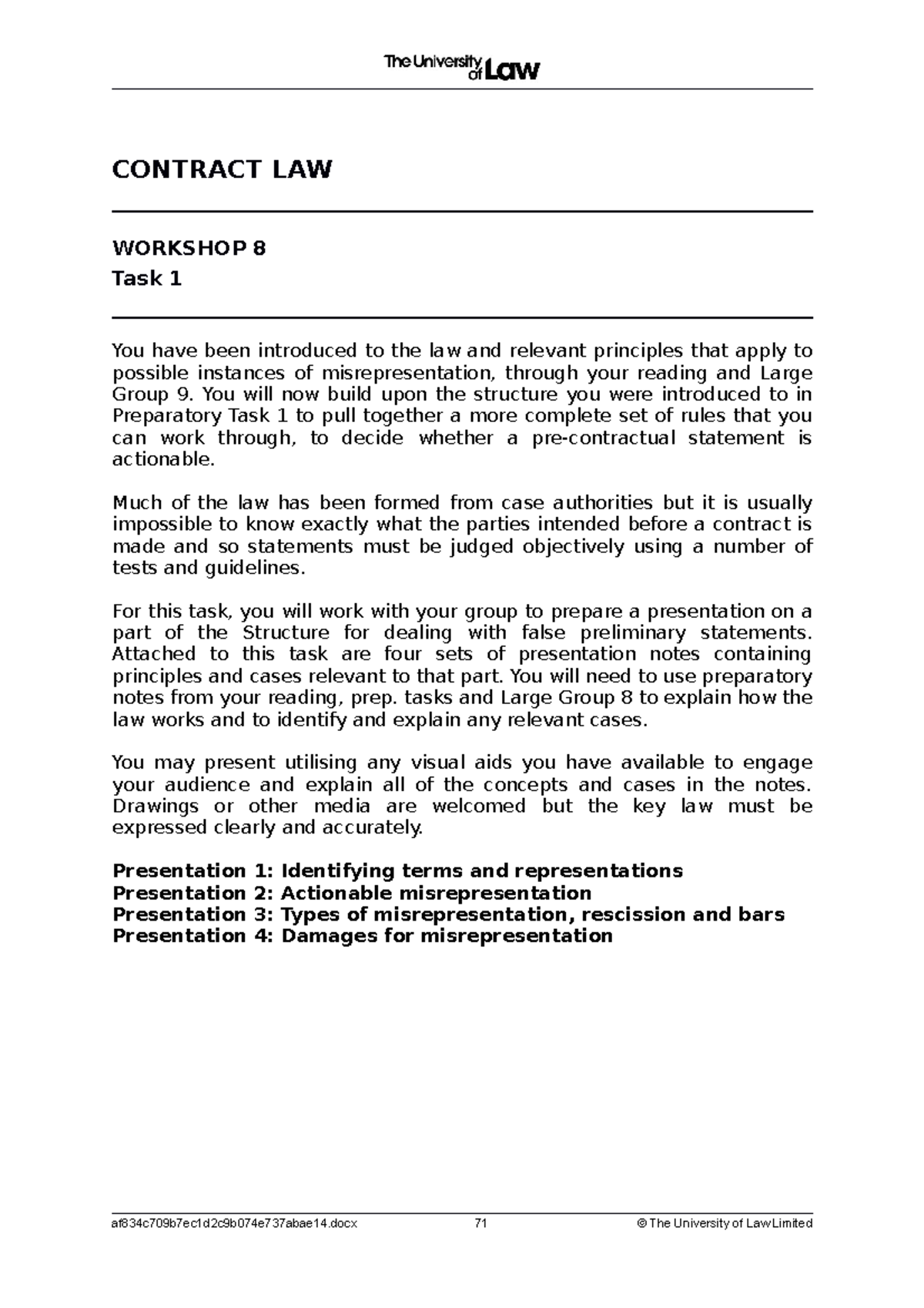 UNIT 8 WS 1 - Contract Law Misrepresentation Principles and Cases - Studocu