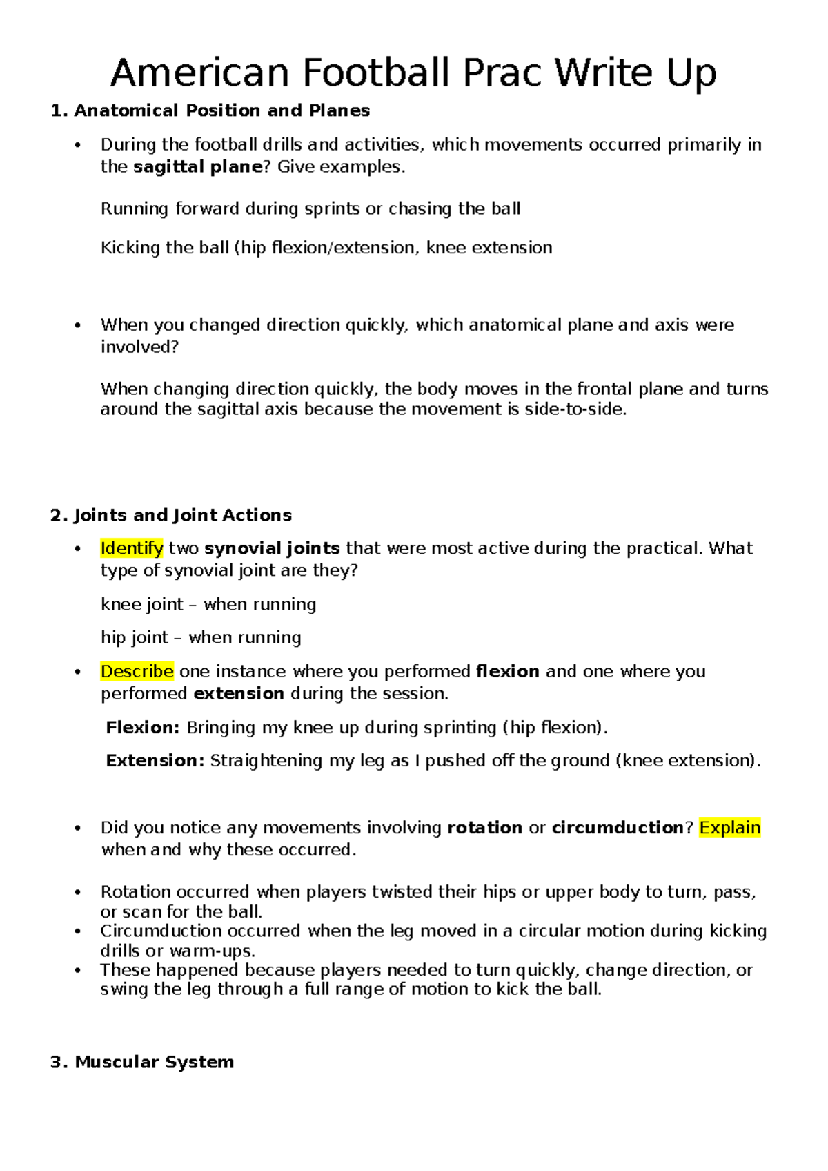 American Football Prac Write-Up: Anatomical Movements & Mechanics - Studocu