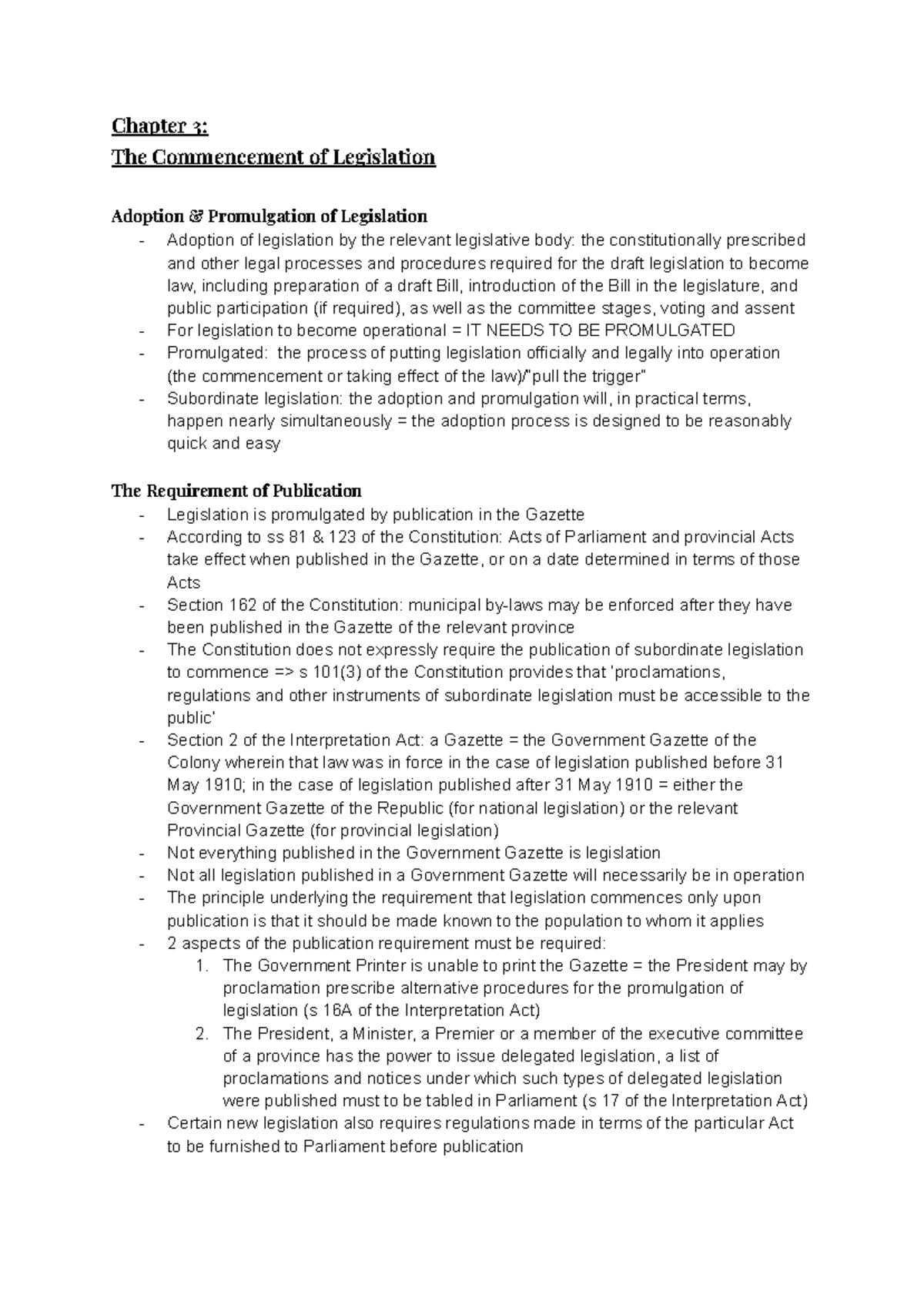 RVW 210 - Lecture Notes on Chapter 3: Commencement of Legislation - Studocu