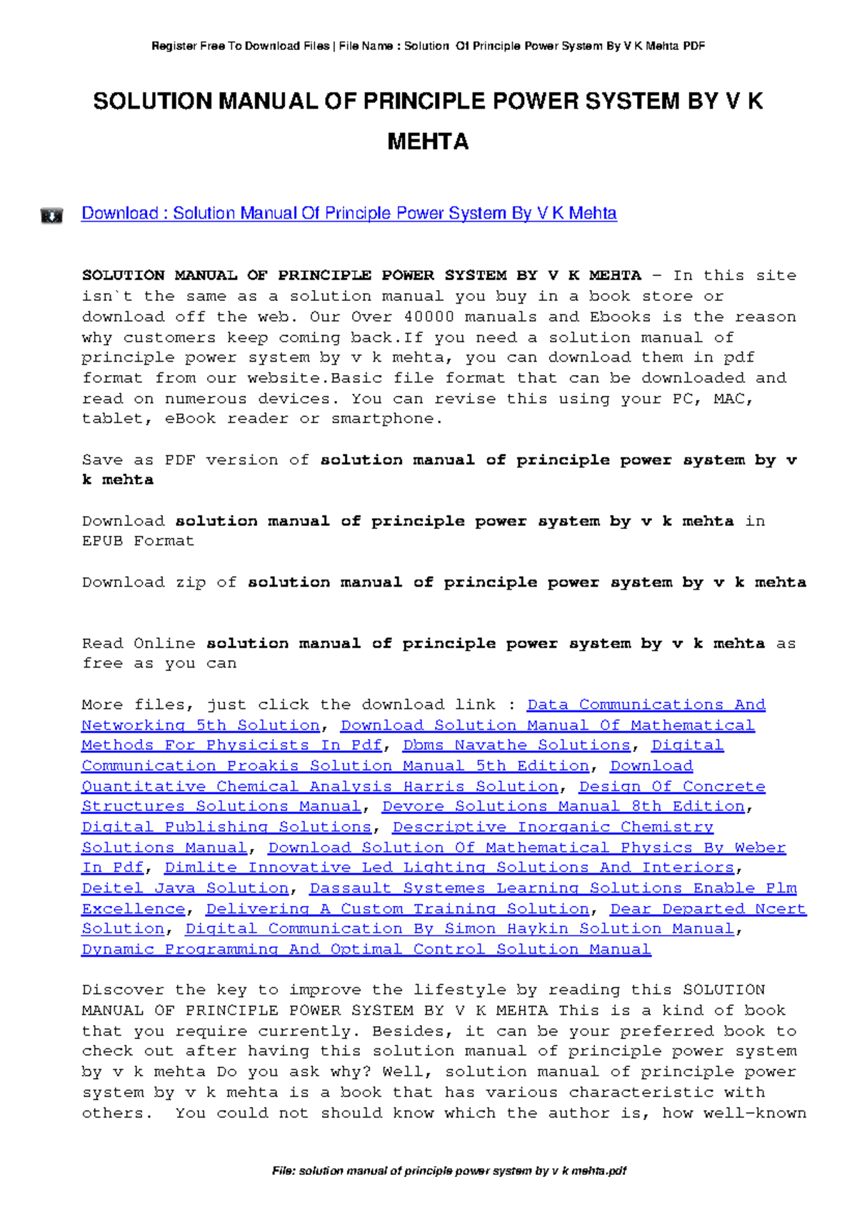 Solution Manual: Principles of Power System (VK Mehta) PDF Download ...