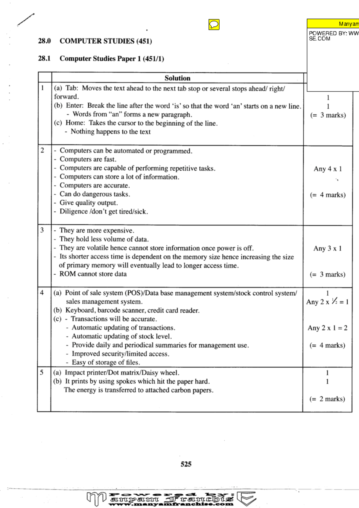 2011 kcse computer studies answers - 28 COMPUTER STUDIES (451) 28 ...