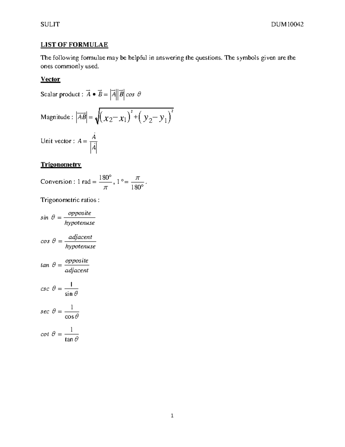 Set 2 - Engineering Biomedical Mathematics: Vector Operations & Trig ...