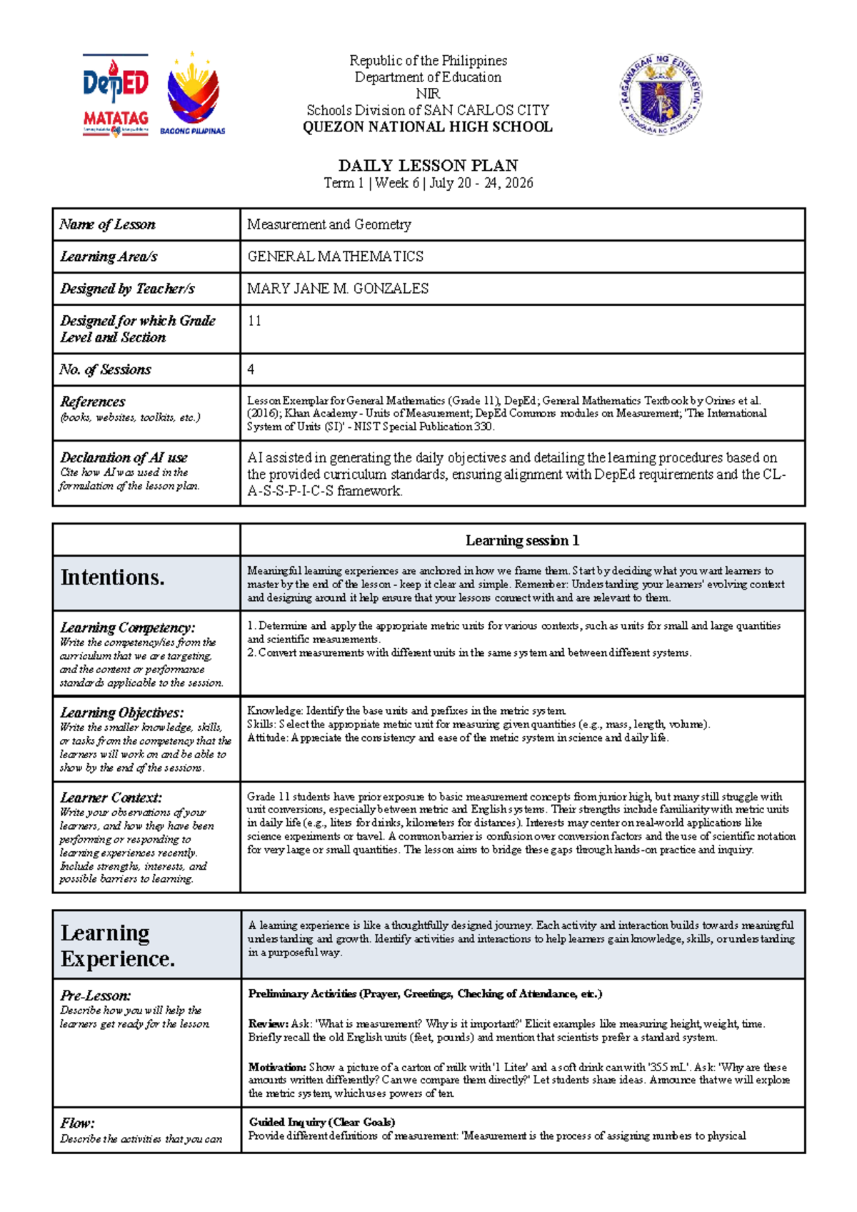 General Mathematics Lesson Plan (Grade 11) - Measurement & Geometry - Document Preview