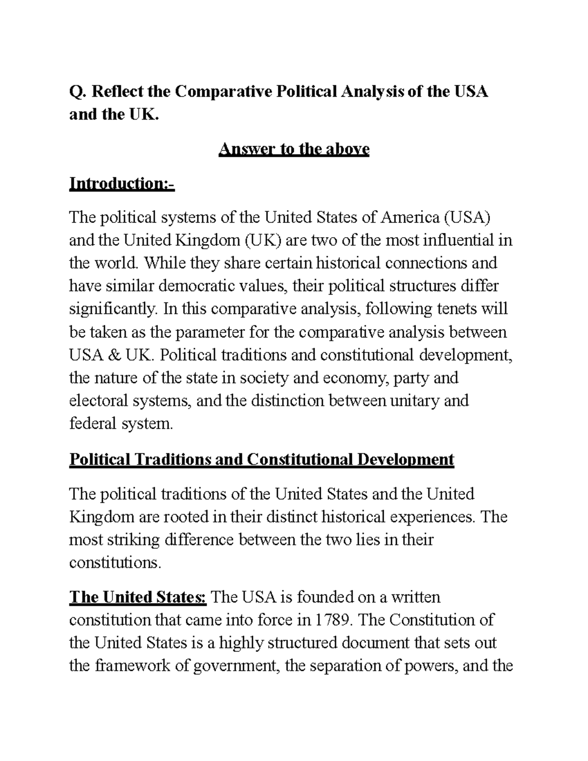 Comparative Political Analysis of the USA and UK Systems - Studocu