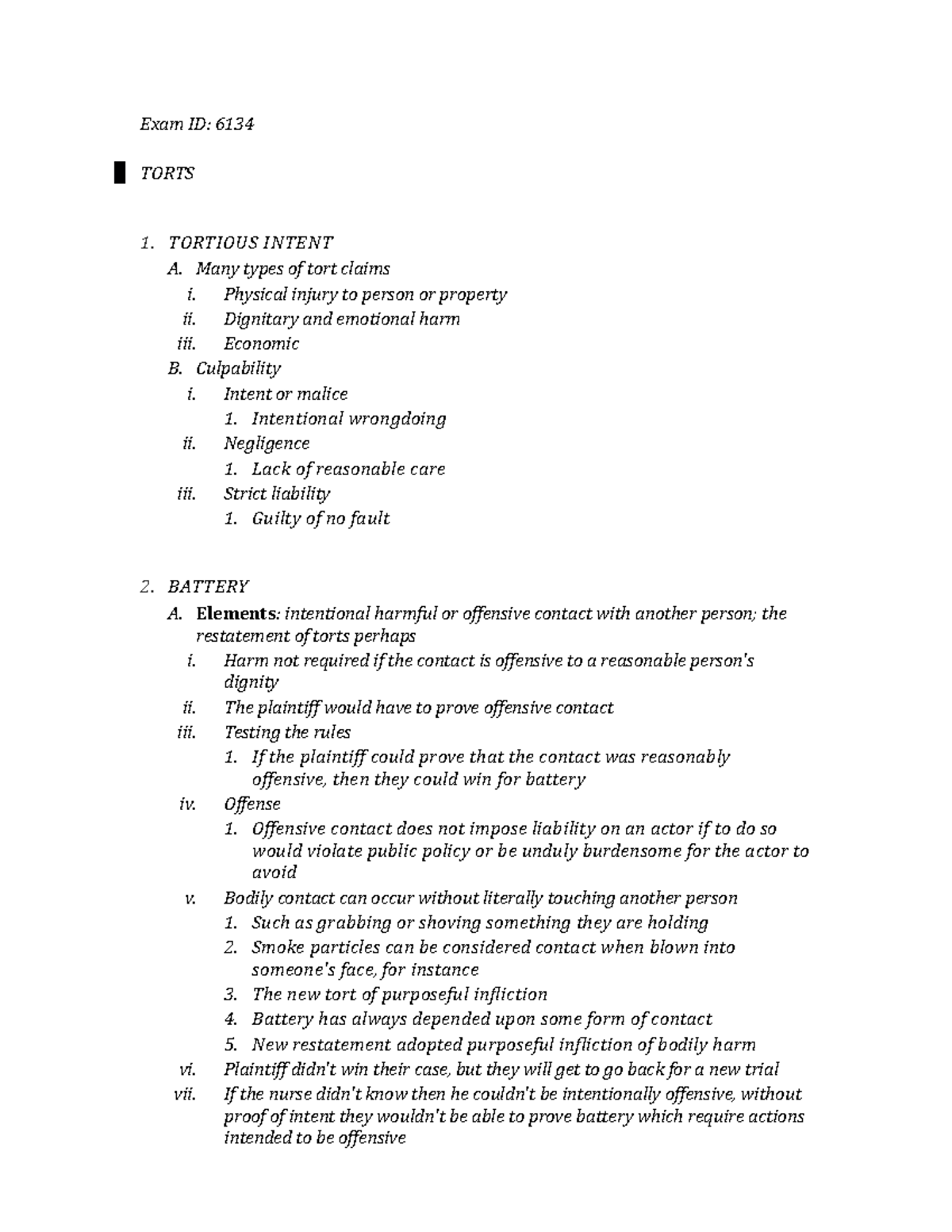 Torts Law Outline: Key Concepts and Case Summaries for Exam ID 6134 ...