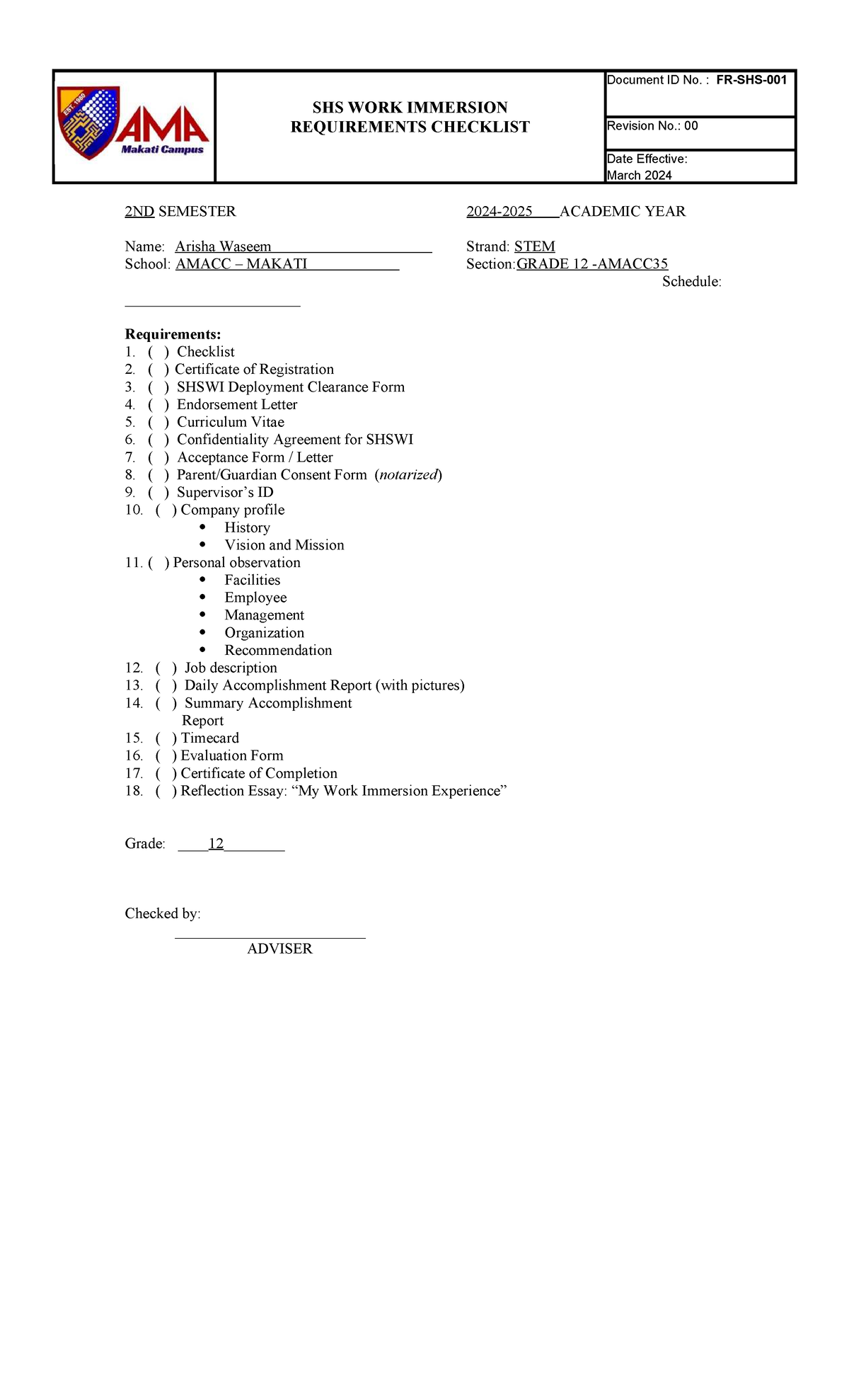 SHS Work Immersion Requirements Checklist - 2nd Sem 2024 - Studocu