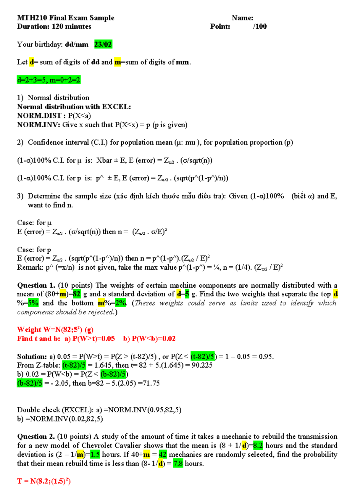 MTH210 Final Exam Sample Solutions and Key Concepts - Studocu