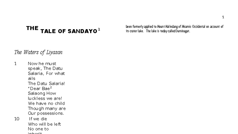 **1 LIT OF MINDANAO: THE TALE OF SANDAYO - EPIC NARRATIVE** - Studocu