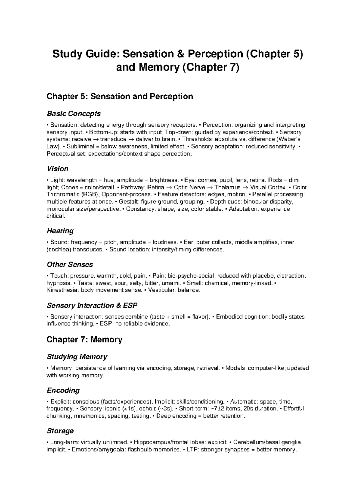 Study Guide: Sensation & Perception (Ch 5) and Memory (Ch 7) - Studocu