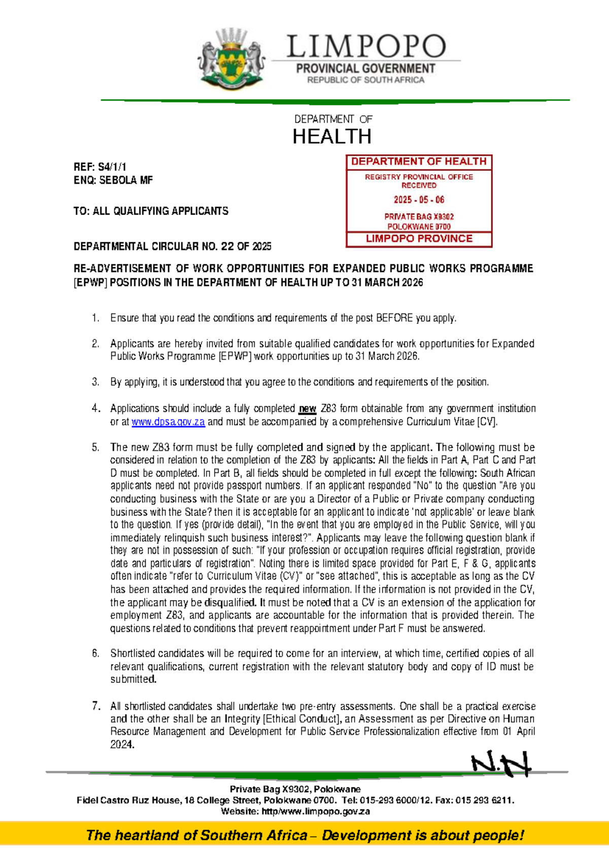 EPWP Positions Circular 22 of 2025: Opportunities in Health Dept. - Studocu