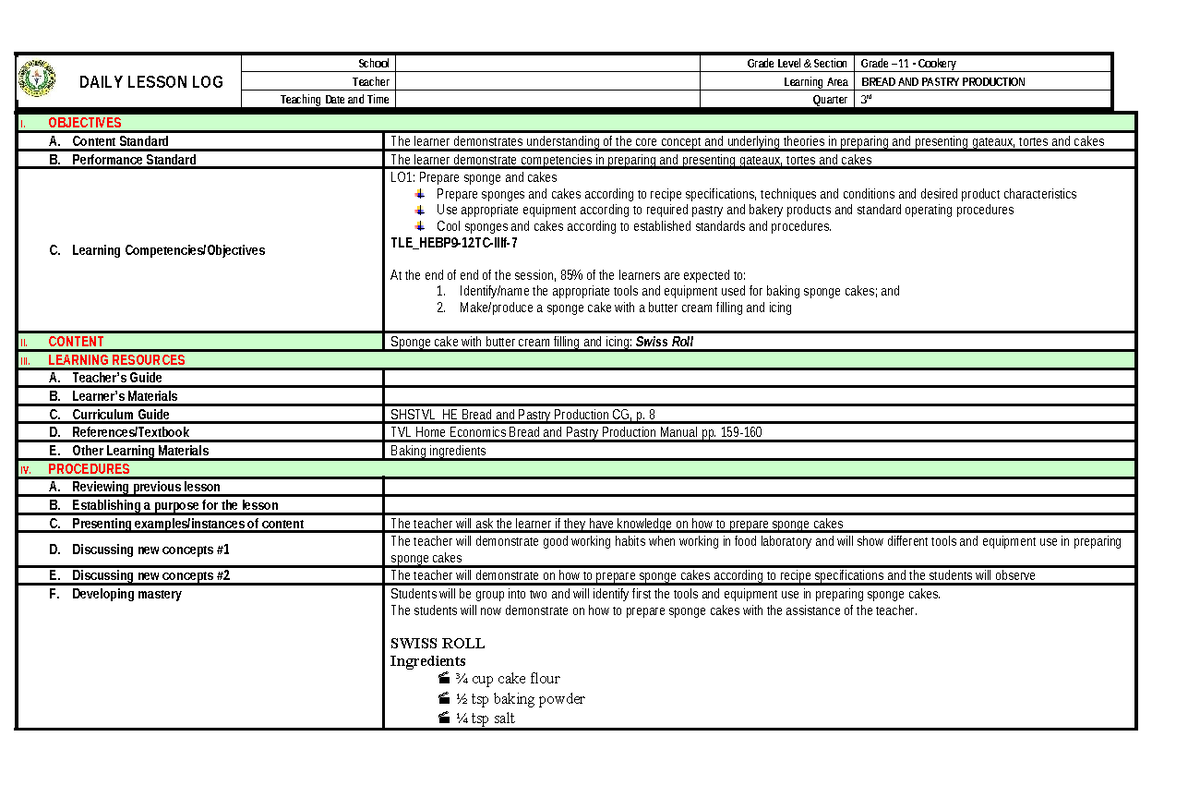 Lesson Log: Grade 11 Cookery - Bread & Pastry Production (DLL BPP COT ...
