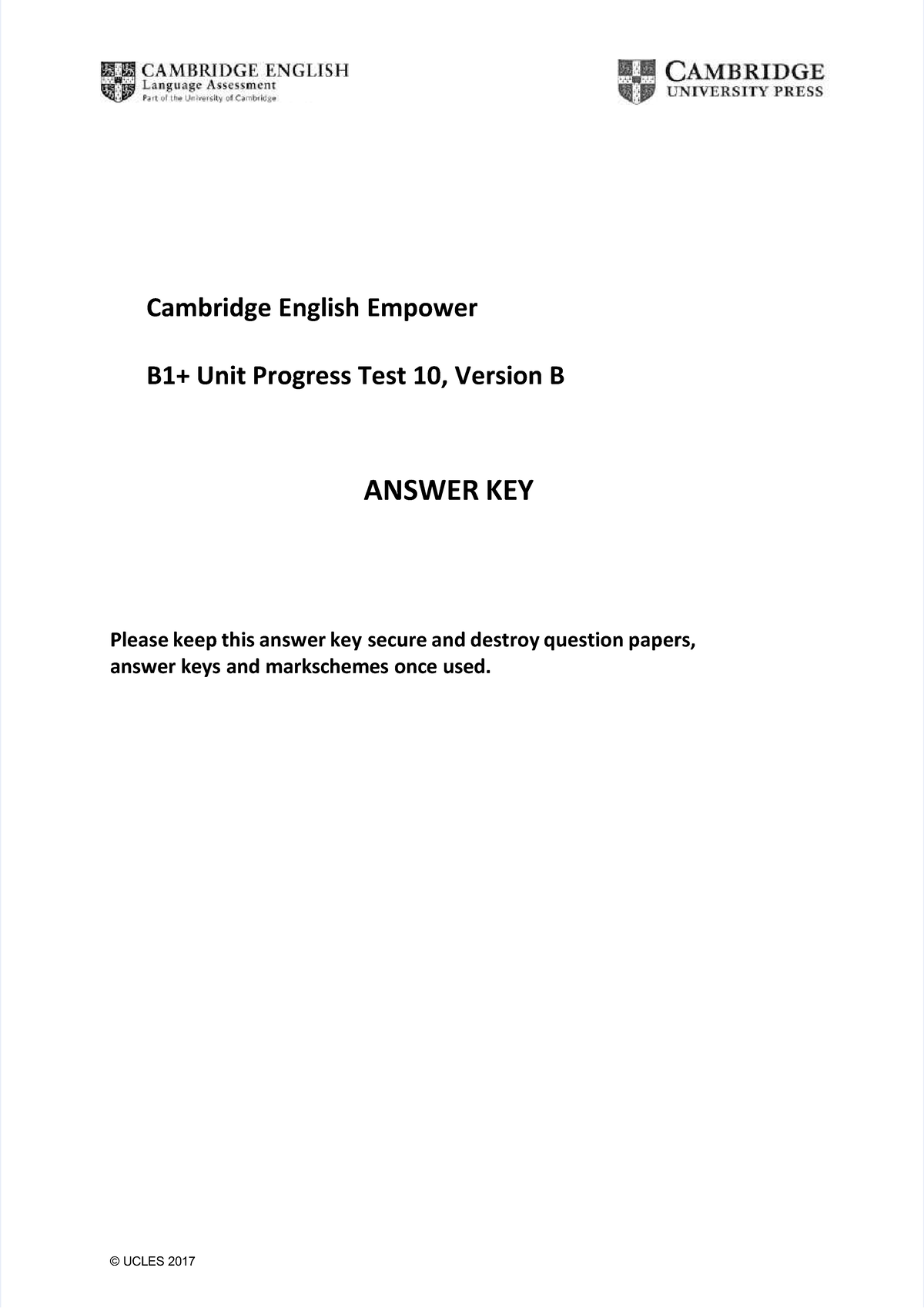 Cambridge English Empower B1 Progress Test 10 Answer Key Guide Studocu