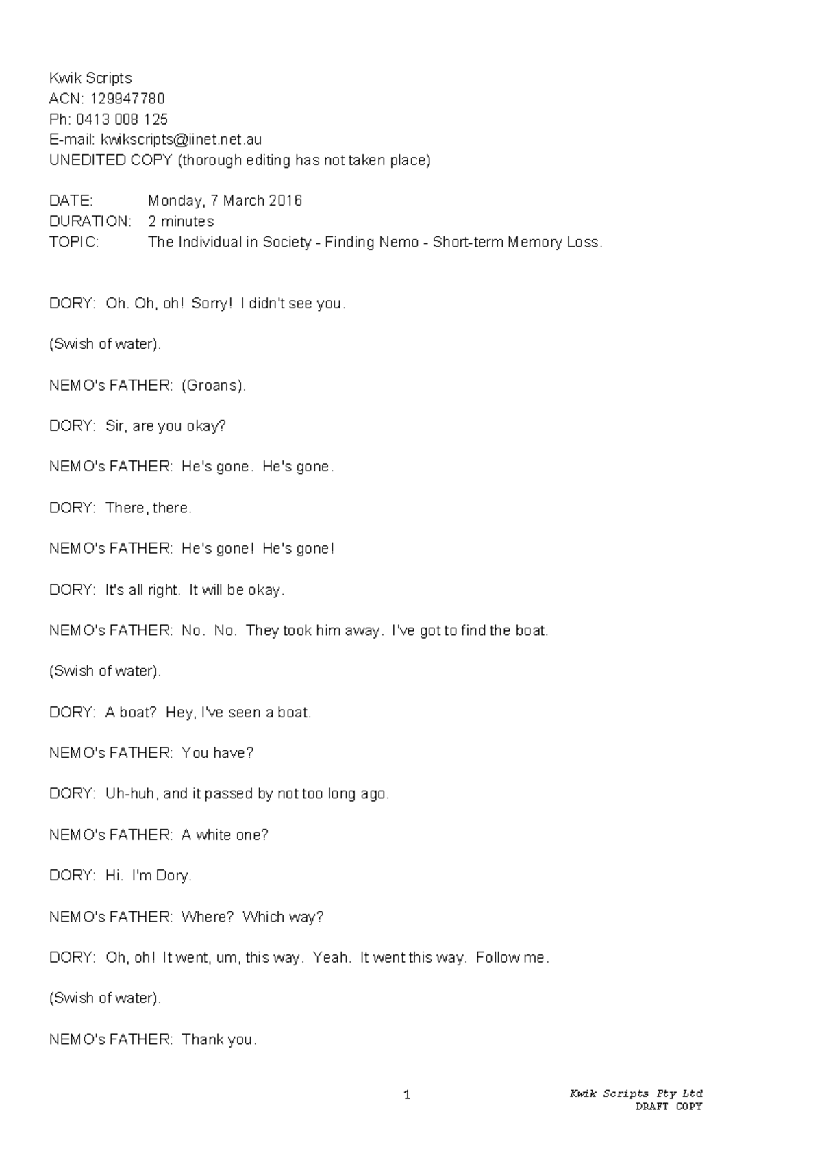 Finding Nemo - short-term memory loss - Kwik Scripts ACN: 129947780 Ph ...