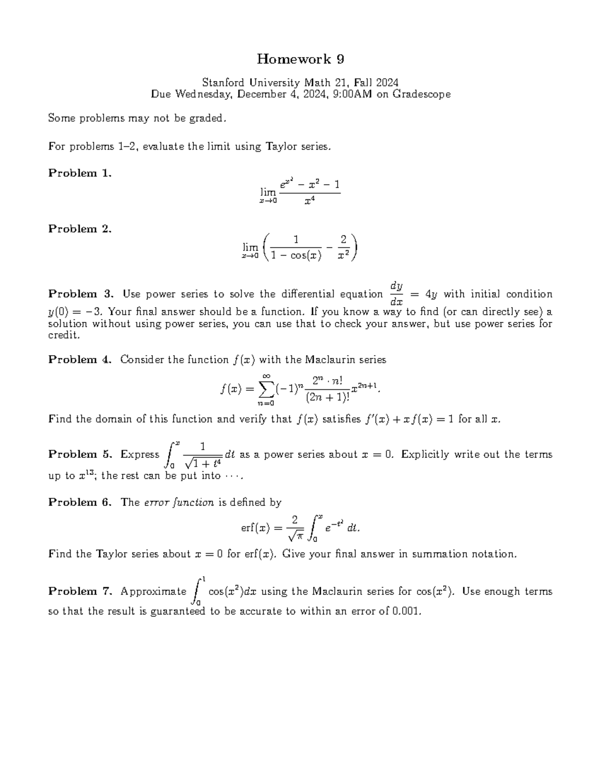 Math 21 Fall 2024: Final Exam Prep Homework 9 at Stanford University ...